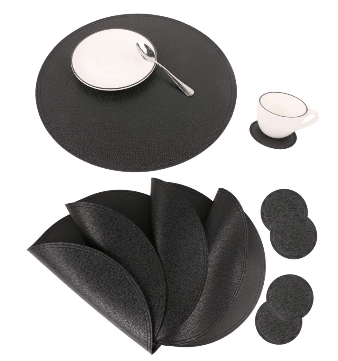 Round faux leather placemats and coasters, disco placemats and drink coasters, easy to clean, double stitched for kitchen dining table, diameter 33 cm and 9.9 cm.