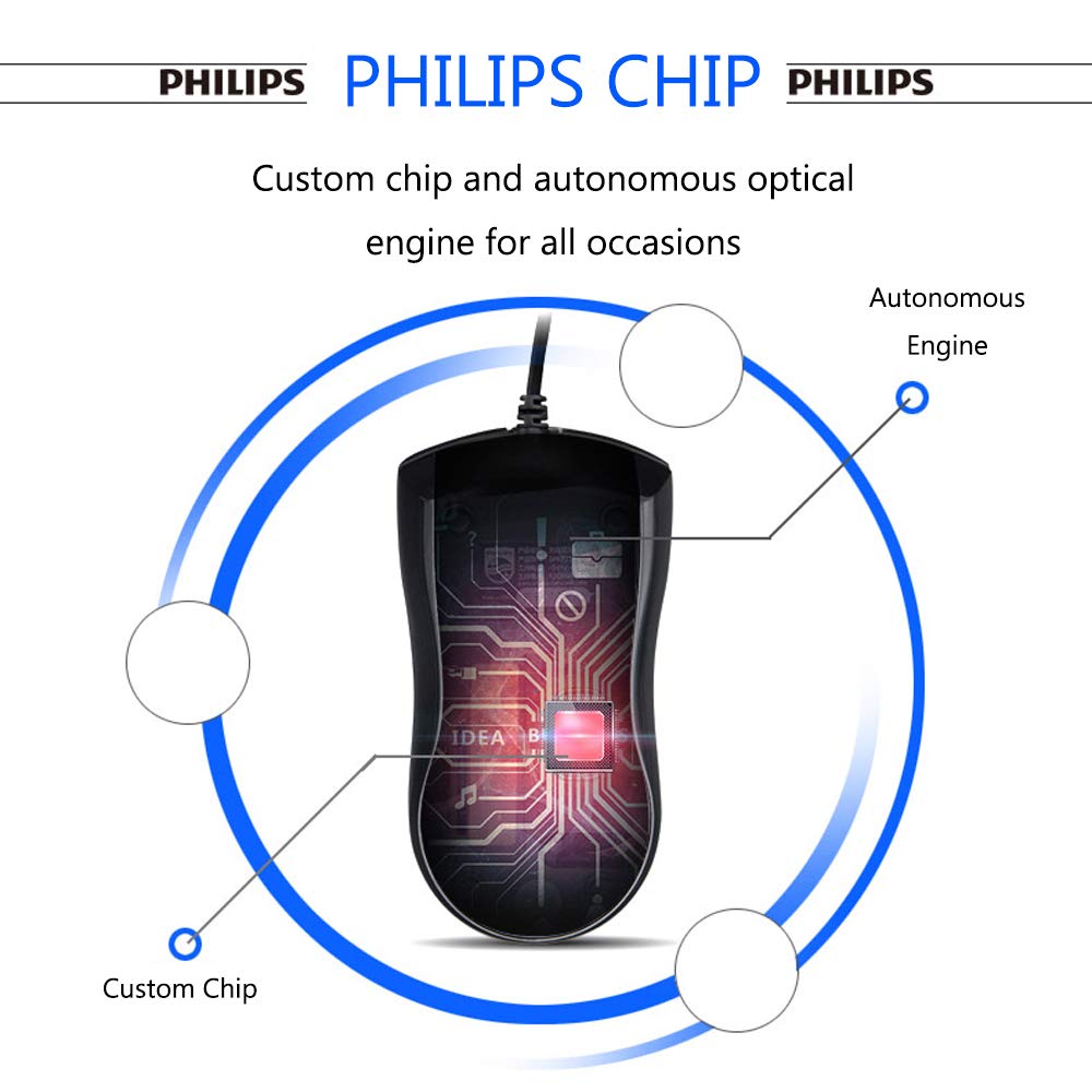 Philips USB Wired Mouse, Portable Optical Mice Silent Click Noiseless laptop Mice 1000 DPI for PC Laptop Notebook Mac - Black
