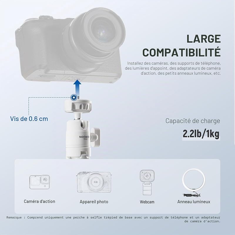 Mini Trépied Perche Stick Compatible avec iPhone, GoPro, Insta360, DJI avec Rotule 360°, Axe Central Élevé, Support Vlog en métal pour Caméra, Webcam, Téléphone Portable, TP43 Blanc