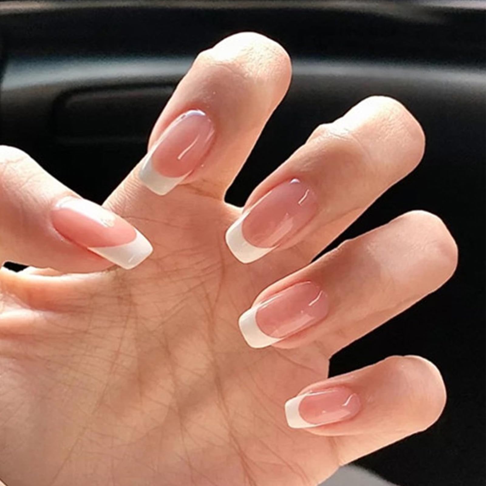 WAFOLOZE White French Tip Nails - Press On Medium Square Fake Nails 24PCs with Glossy Acrylic Finish