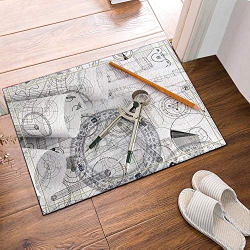 Compasses Protractor in White Bath Rugs,Non-Slip Floor Entryways Outdoor Indoor Front Door Mat,15.7x23.6in Bath Mat