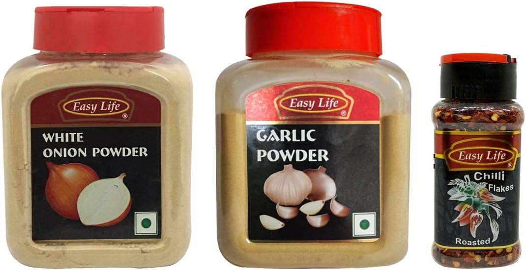 Easy Life White Onion Powder 260g, Garlic Powder 250g with Roasted Chilli Flakes 50g