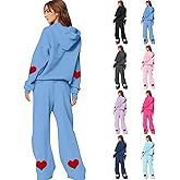 faweinjia Two Piece Sets for Women Heart Print Soft Fleece Sweatsuits Cute Y2k Comfy Preppy Oversized Hoodie Wide Leg Pants