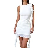 Kaximil Women's Sexy Sleeveless Mini Party Dress Ruffle Ruched Backless Club Short Dresses