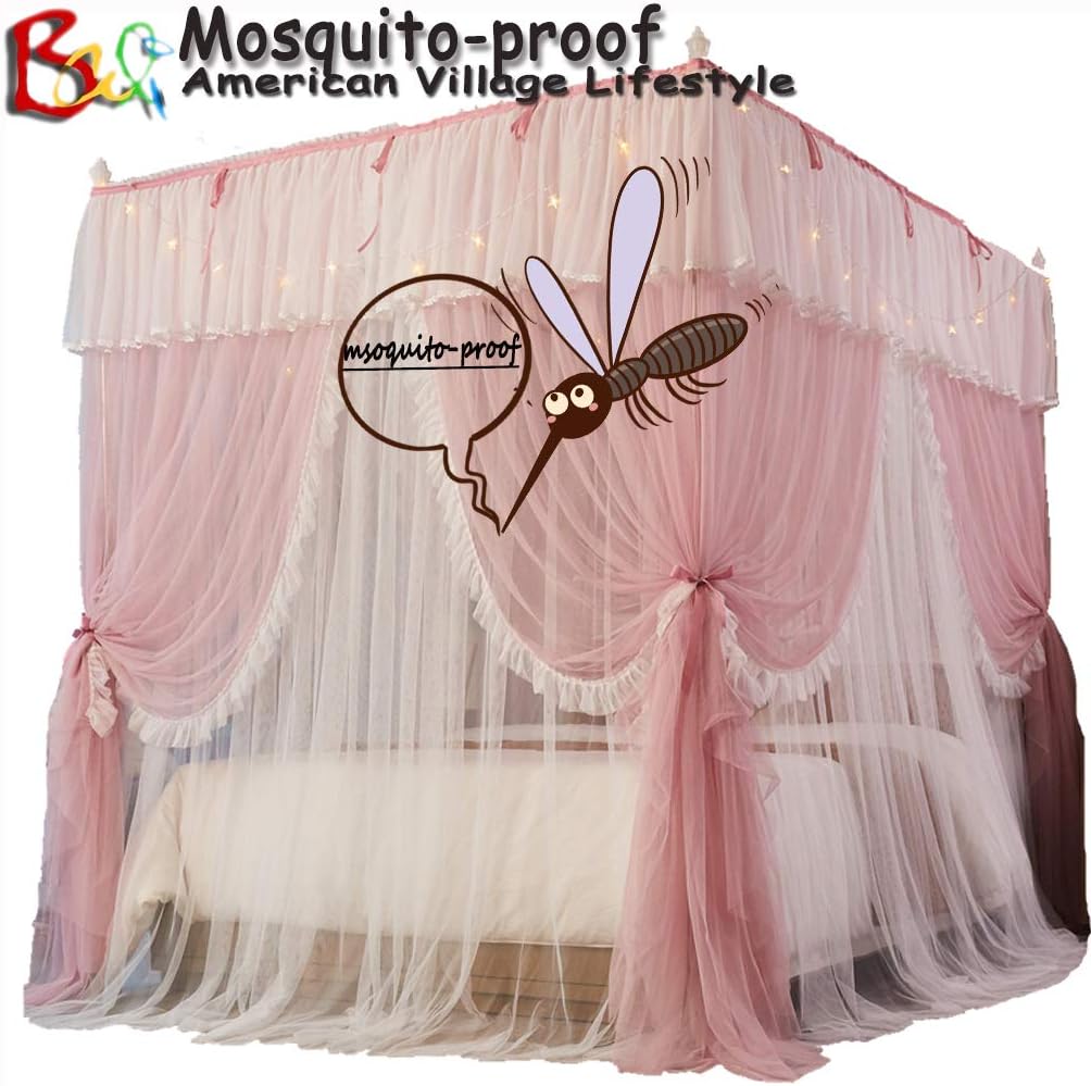 Homepingnew Princess 4 Corners Mosquito Net for Bed Luxury Bed Curtain Canopy Net Canopies for Girls Women Kids Adults & Boys (Pink, Full)