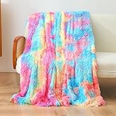 Plush Throw Blankets for Couch, 51 * 63 in Tie-Dye Flannel Blanket, Soft Fur Throw Blanket, for Bedroom Living Room, Suitable for Fall, Winter, Spring (Rainbow)