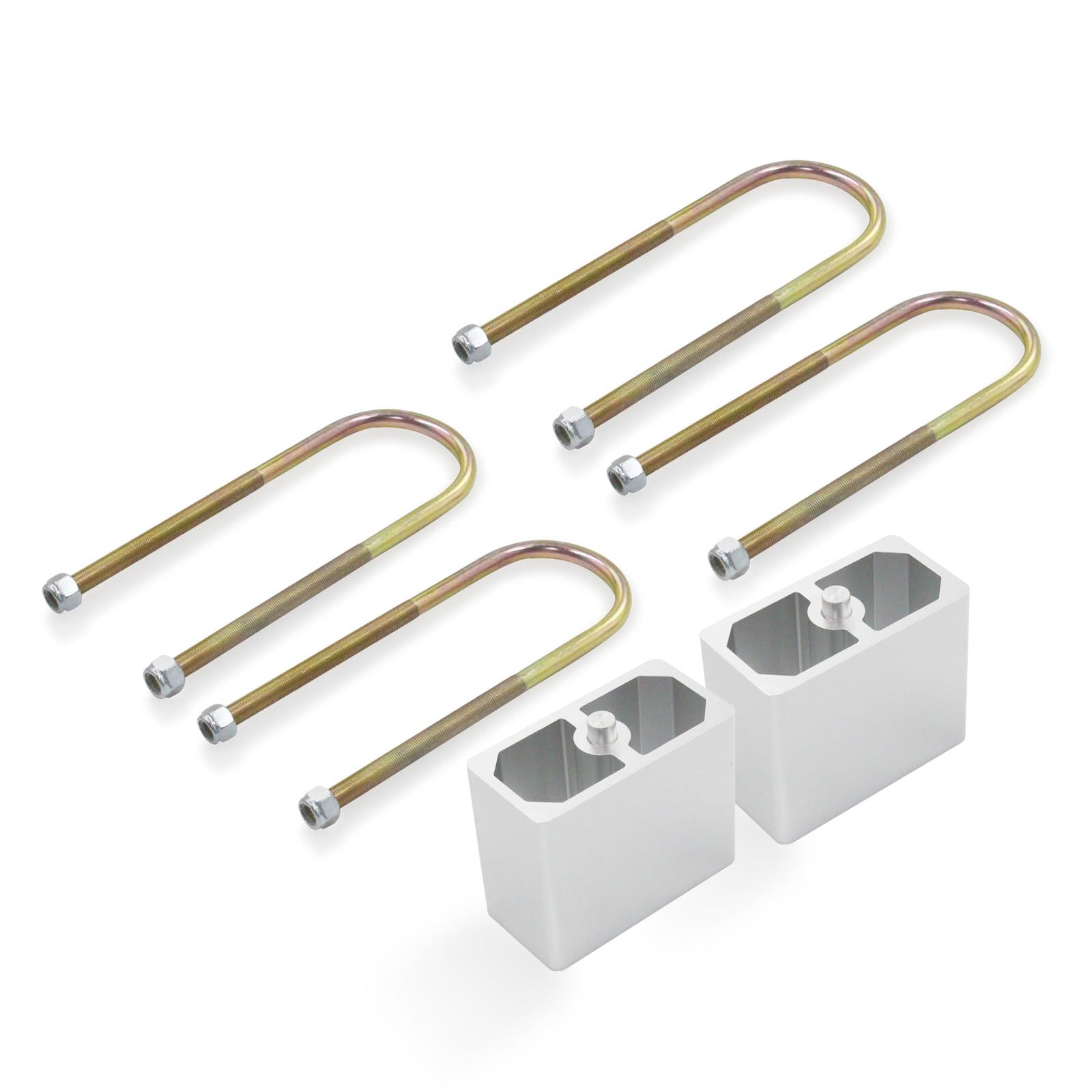Photo 1 of QGHAUC Universal Leaf Spring Lowering Block Kit, 4 Inch, 2-1/2" Wide, 5" Long, Zinc-Plated U-Bolts, Premium Steel Construction for Long-Lasting Finish
