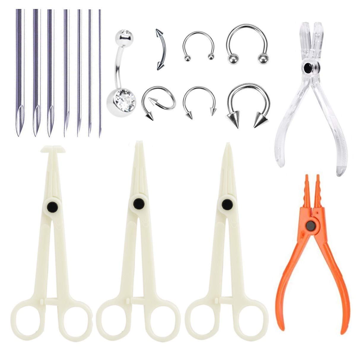 19 Pcs Body Piercing Kit Professional Ear Nose Belly Lip Piercing Tool Pliers with Piercing Needles and Stud Ring