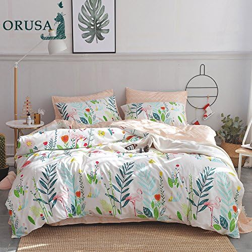 OTOB New Cotton Queen Duvet Cover Set for Girls Kids Adults Teen Bedding Sets with 2 Pillow Sham Queen/Full Size, Cartoon Flower Flamingo Tree Leaf Garden Print Duvet Sets Reversible Swing