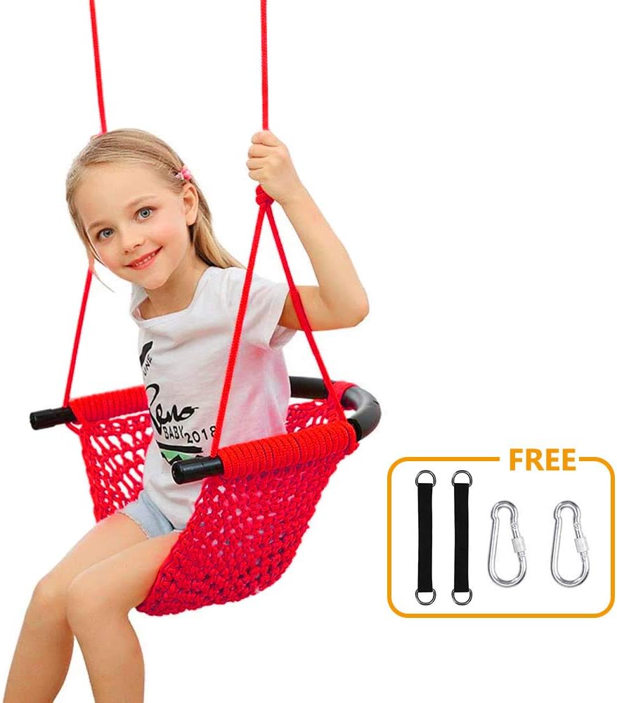 YKB Kids Swing Seat Heavy Duty Rope Play Secure Children Swing Set for Indoor/Outdoor/Playground/Home/Tree with Snap Hooks and Swing Straps|Suit for 2 to 12 Years|440 lbs Capacity(Red)