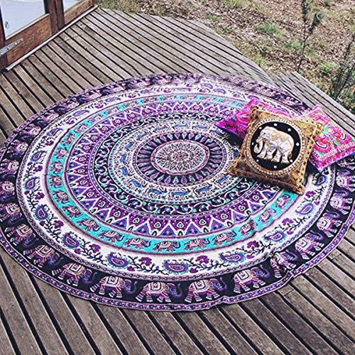 4Rissa Hippie Indian Elephant Mandala Round Roundie Beach Throw Rug Boho Bohemian Tapestry Yoga Mat