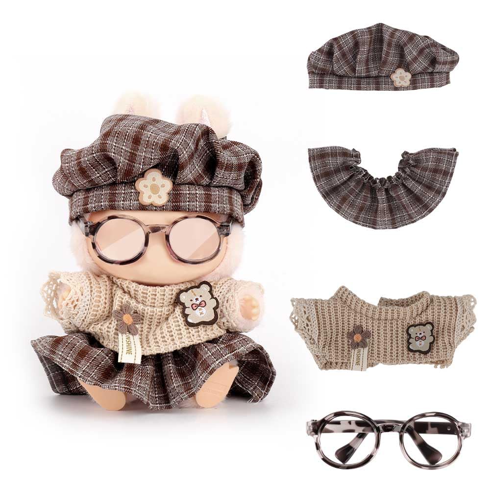 WALLFID Doll Clothes for Labubu , 4-Piece Outfit Set for 17cm Dolls , Fashion Outfit with Hat，Top，Pants & Accessories, Doll Wardrobe Essentials （No Doll） (Vintage Brown)