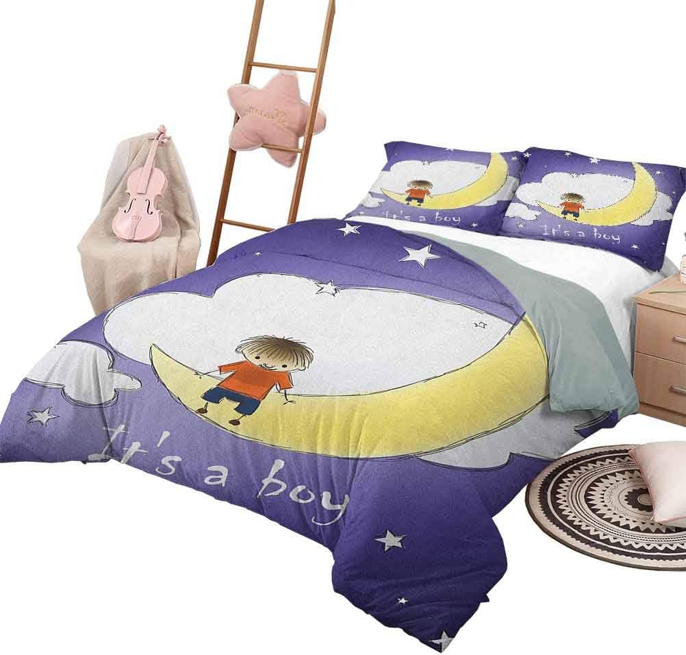 Gender Reveal Bedding Set All Season Quilt Set Bedding Sets King, Boy Sitting on The Moon Cloud Sky Childhood Greeting Concept Print Home Decoration Bedding Indigo Yellow White