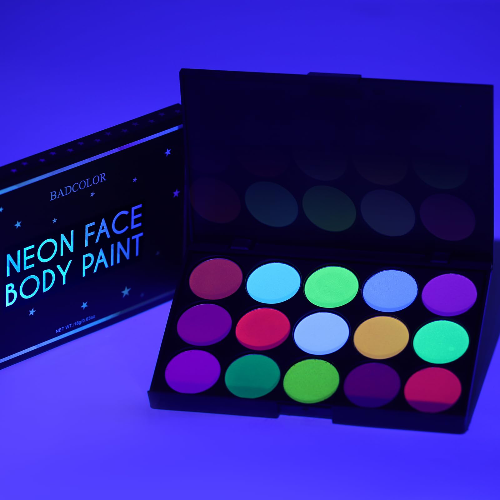 Photo 1 of 15 Colors Glow Neon Face Paint, Water Activated UV Face Paint, Neon Glow in The Dark Body Paint Washable Eyeliner Face Painting for Party, Halloween, Festival, Rave