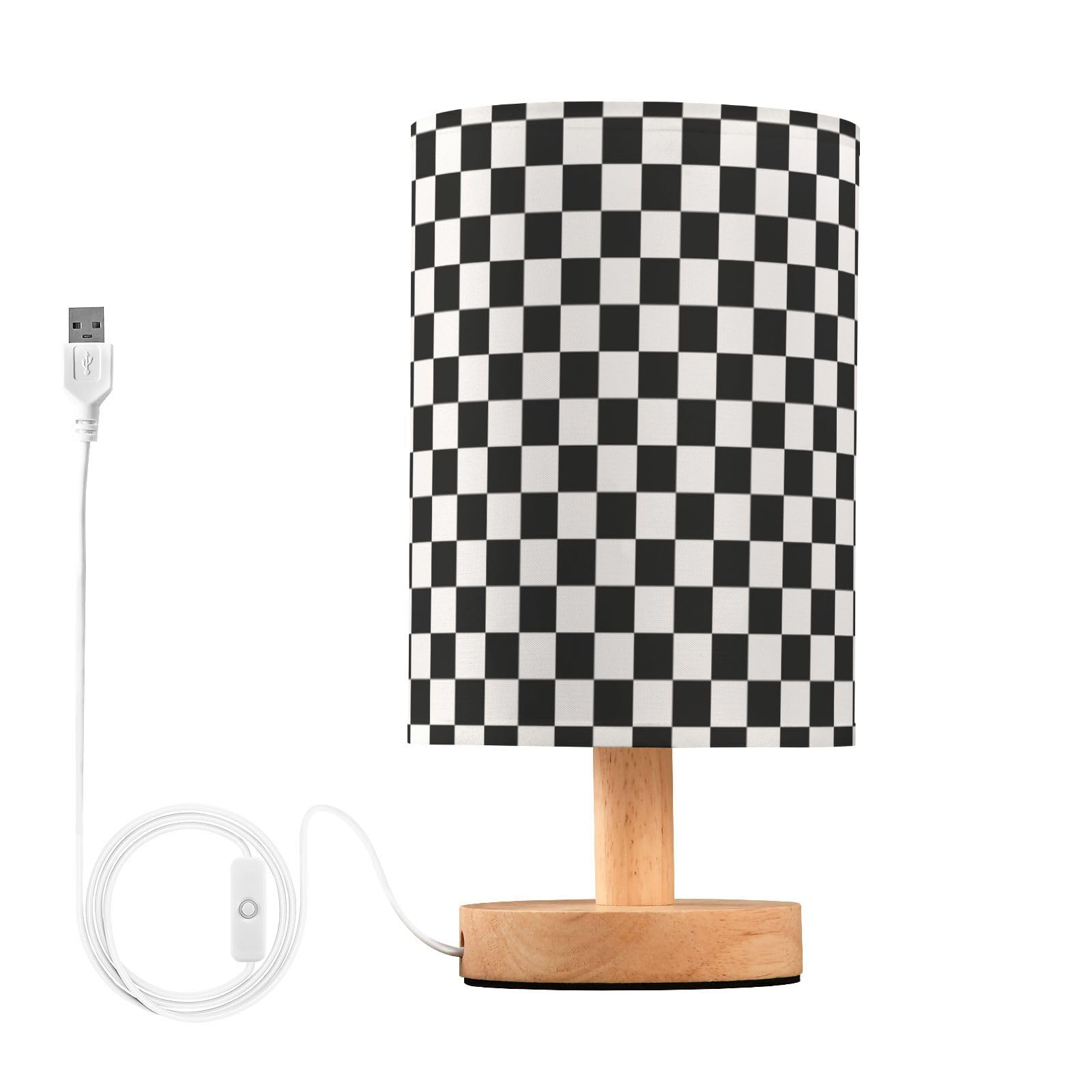 Photo 1 of BOENLE Bedside Lamp Black White Checkered Pattern Table Lamp for Bedroom LED Nightstand Lamp Shade USB Ports Wood Base for Living Room Dorm Office