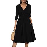 Nmoder Wrap Dress Cocktail Casual Dresses for Women Wedding Guest Fit and Flare V Neck 3/4 Sleeve Midi Dress with Pockets Black