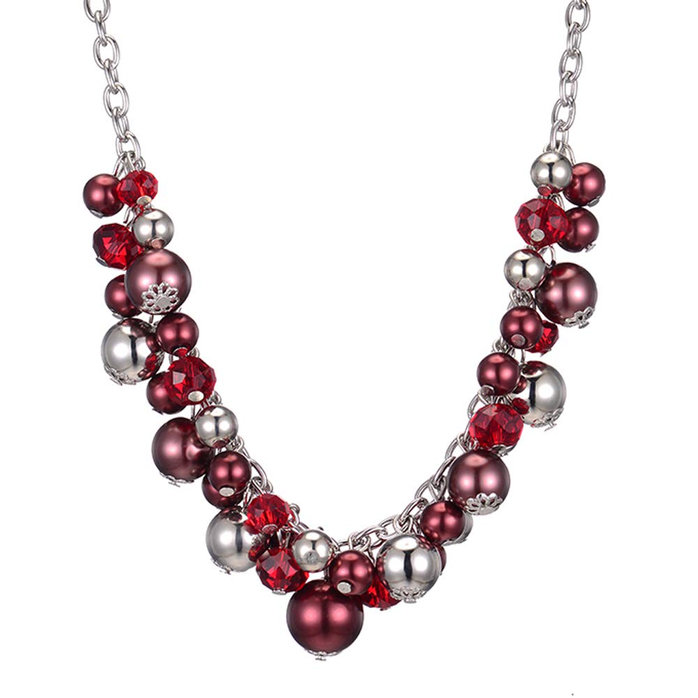 BULINLIN Short Beaded Pendant Chain Necklace Silver Costume Handmade Necklace with Crystal Pearl Beads Fashion Jewellery Gifts for Her(Red)