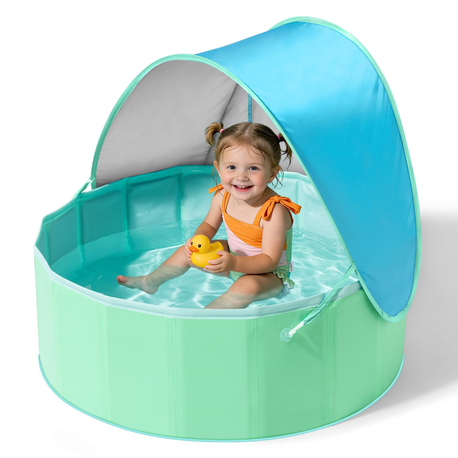 Hikiddy Paddling Pool with Shaded: 31.5in Pop-Up Splash Pool with Canopy for Summer Beach Garden (Blue&Mint, 31.5in)