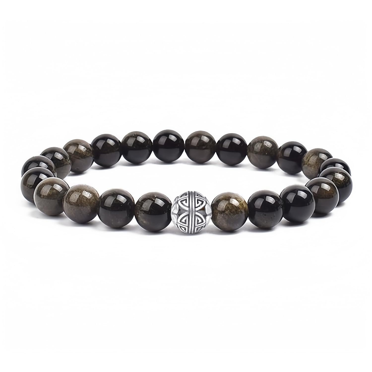 MetJakt Natural 8mm Gemstones Healing Crystal Stretch Beaded Bracelet Bangle with 925 Sterling Silver Double Happiness Pendant (Obsidian)