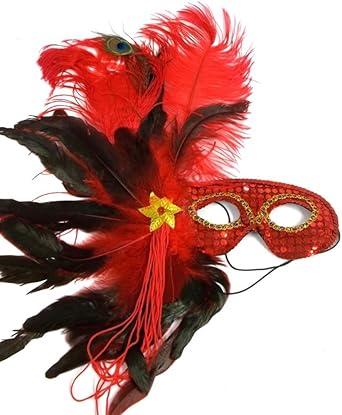 Amazon Com Red Mardi Gras Masquerade Feather Costume Mask Or
