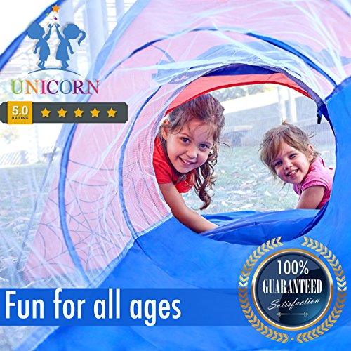 Unicorn Kids Play Tent with Tunnel - 3-in-1 Playhut Hours of Indoor Outdoor Fun Popup X-Large Ball Pit for Children Red and Blue