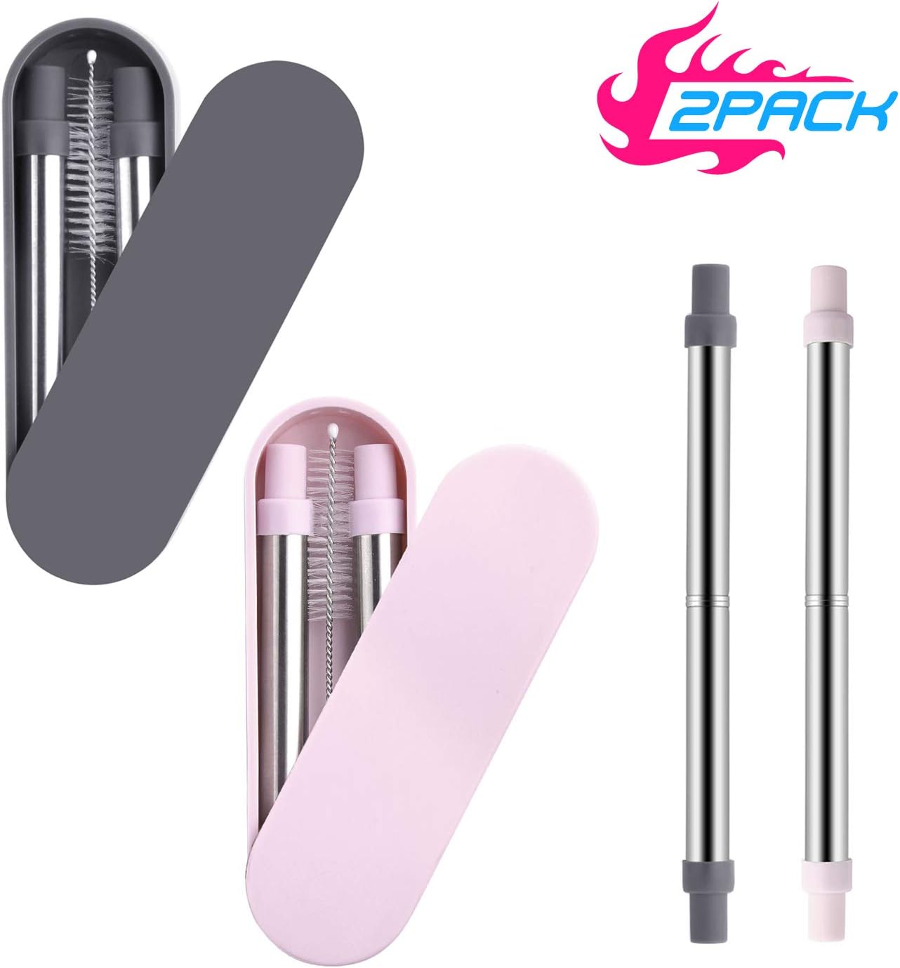 Yassk 2 Pack Reusable Straws 9 inch Telescopic Drinking Stainless Steel Metal Straws with Sliding Case & Cleaning Brush (Grey-Pink)