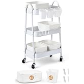 3-Tier Rolling Utility Cart with 4 Woven Baskets, Diaper Book Snack Cart, Storage Organizer for Nursery, Kitchen, Craft Room, Home SPA, Living Room, Metal Frame Trolley on Lockable Wheels, White