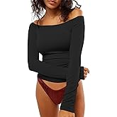 DUKBUBI Women's Off The Shoulder Long Sleeve Y2K Tops Slim Fit Going Out Top Basic Tee Sexy Crop Tops