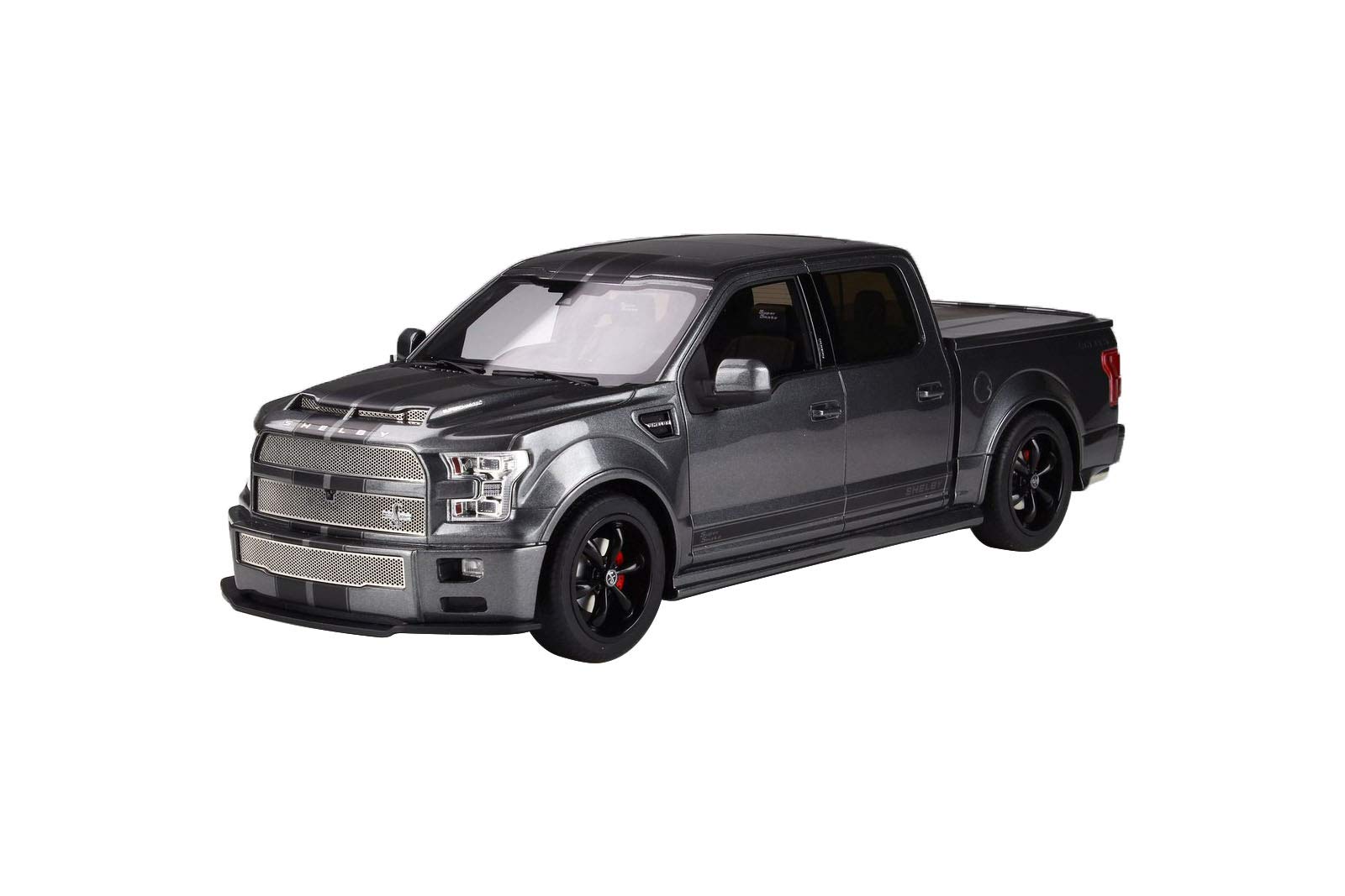 ACME 2017 Ford Shelby F-150 Super Snake Pickup Truck with Bed Cover Magnetic Metallic Gray with Black Stripes 1/18 Model Car by GT Spirit