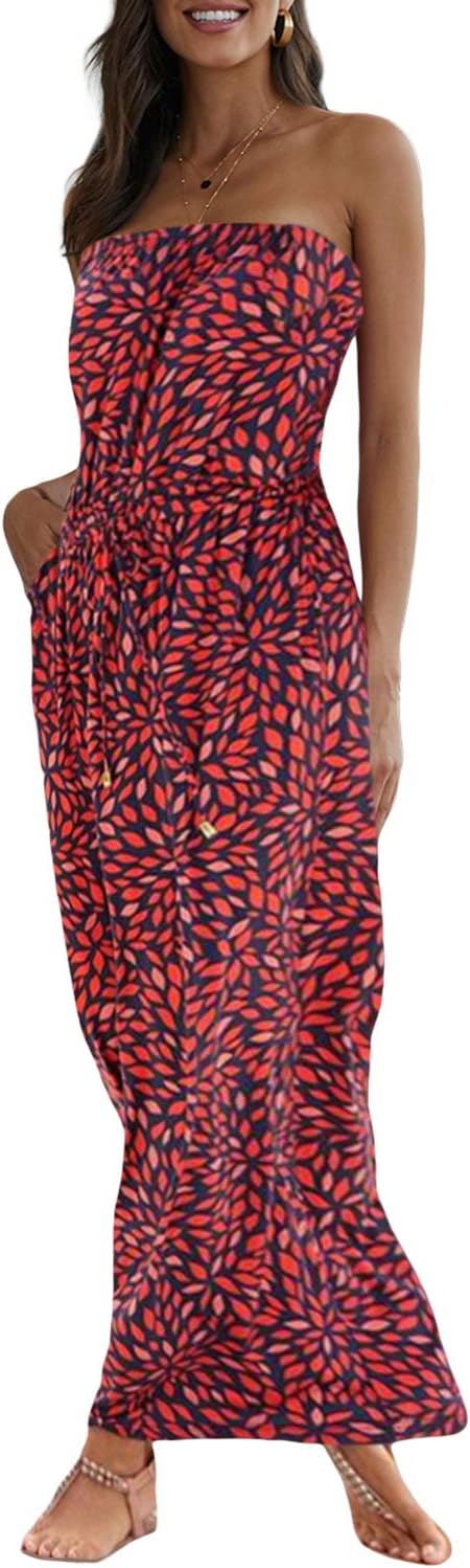Women's Strapless Floral Print Bohemian Boho Maxi Dress Casual Off Shoulder Long Dresses with Pockets