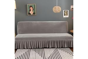 Yefound Futon Couch Cover with Skirt,Stretch Armless Velvet Grey Futon Cover with Ruffle Skirt,Higly Stretch Plush Futon Sofa Bed Cover Furniture Bed Protector,59"-67"