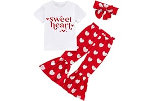 Ninobebe Toddler Girl Valentines Day Outfit Love Heart T-Shirt Bell Bottom Pants Headband 3Pcs Summer Clothes Set 1-6T