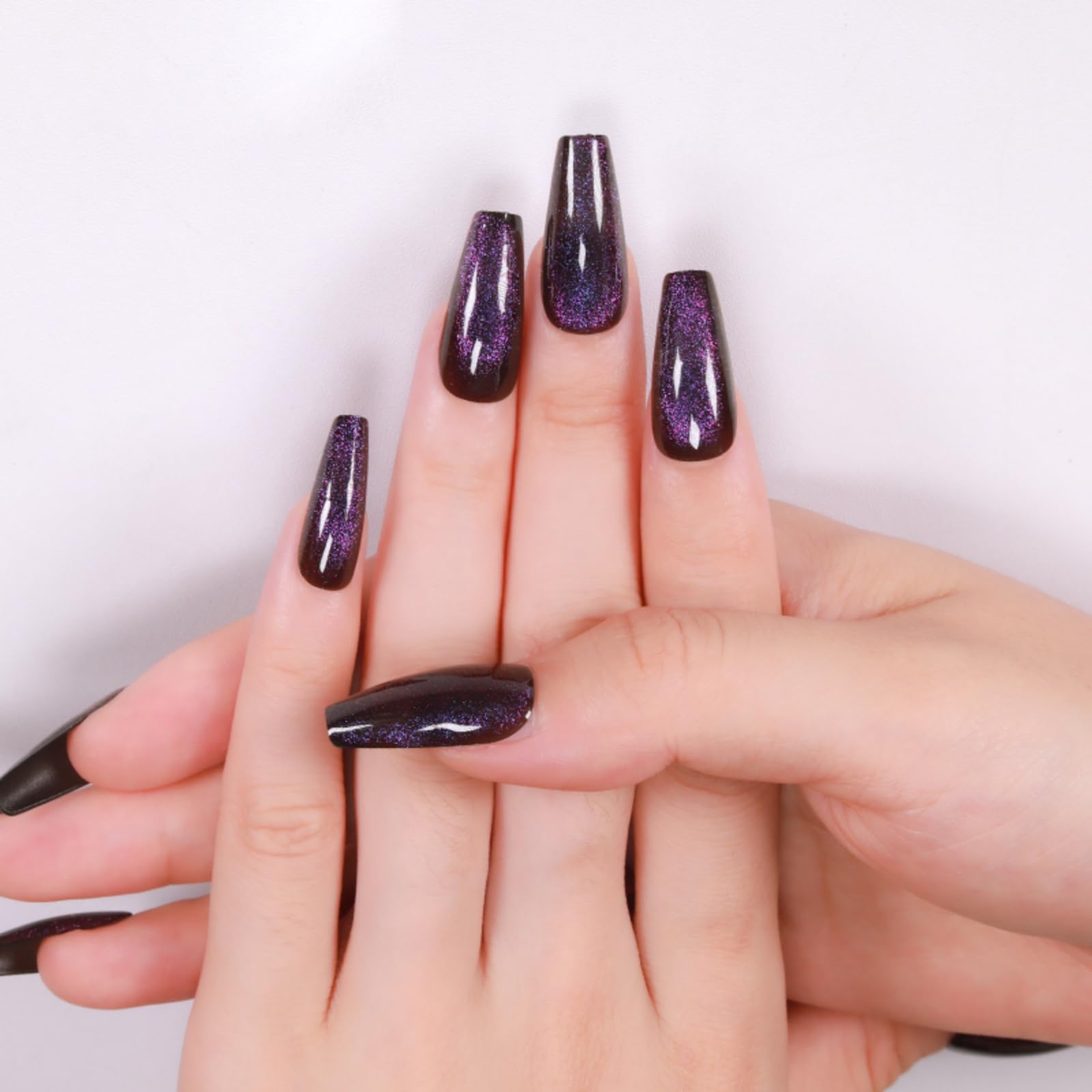 Gentle Claws Press On Nails - Midnight Purple | Dark Purple Glitter Velvet Nails, Medium Coffin Squared Press On Nails with Cat Eye Design for Women and Girls, 24 Pcs Reusable Purple Fake Nails - Image 4