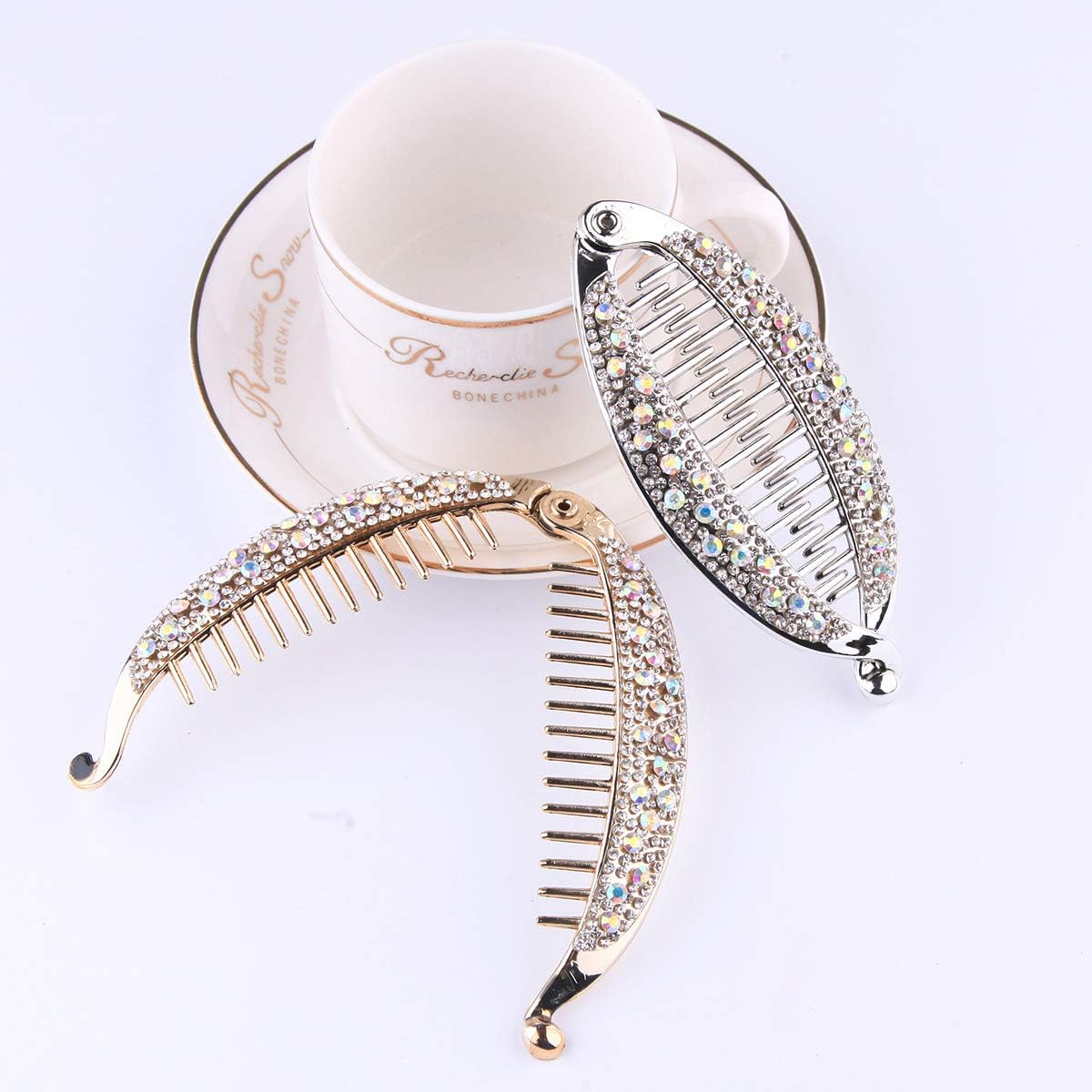 Lurrose 4pcs Banana Hair Clip Shiny Rhinestone Decor Ponytail Holder Clip Resin Stylish Hair Barretters for Women (Gold and Silver) - Image 4