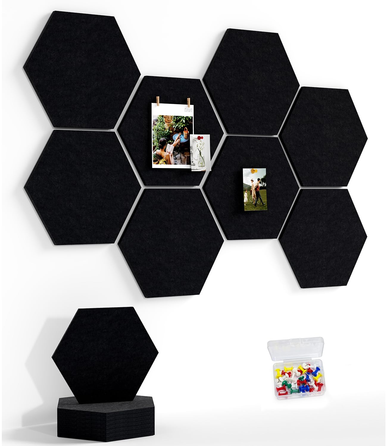 Uoisaiko 30cm Large Felt Hexagon Bulletin Board with 30 Push Pins, Pack of 8 Pin Boards for Home Office Kitchen, Felt Wall Tiles for Photos Memos