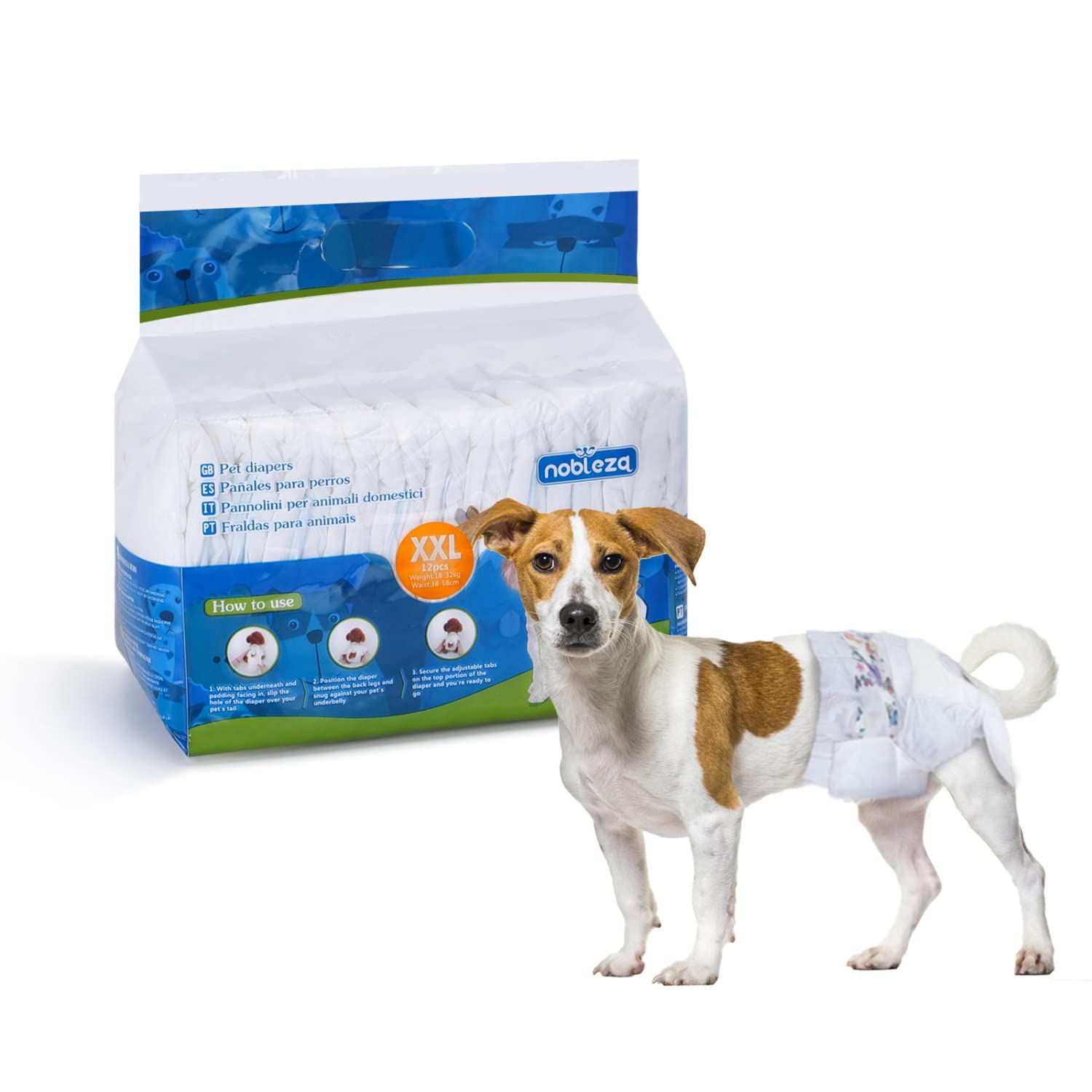 Nobleza - Disposable Female Dog Nappies Large, Dogs Training Diapers Super Absorbent with Leak Proof Fit, Pack of 12, Waist 15-23 Inch, Size XXL: 10-15KG