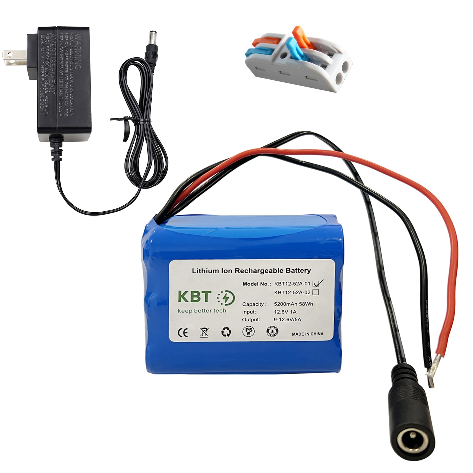 Photo 1 of KBT 12V 5200mAh Rechargeable Li-ion Battery, Bare Leads Wire Replacement Battery Pack with Charger Compatible with 12V Devices RC Car, Boat, Robot, DIY, LED Light Strip, CCTV Camera