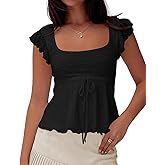 BAIGRAM Women Floral Flowy Babydoll Peplum Tops Y2K Cap Sleeve Ruffle Tank Square Neck Lace Up Layered Crop Shirt Going Out