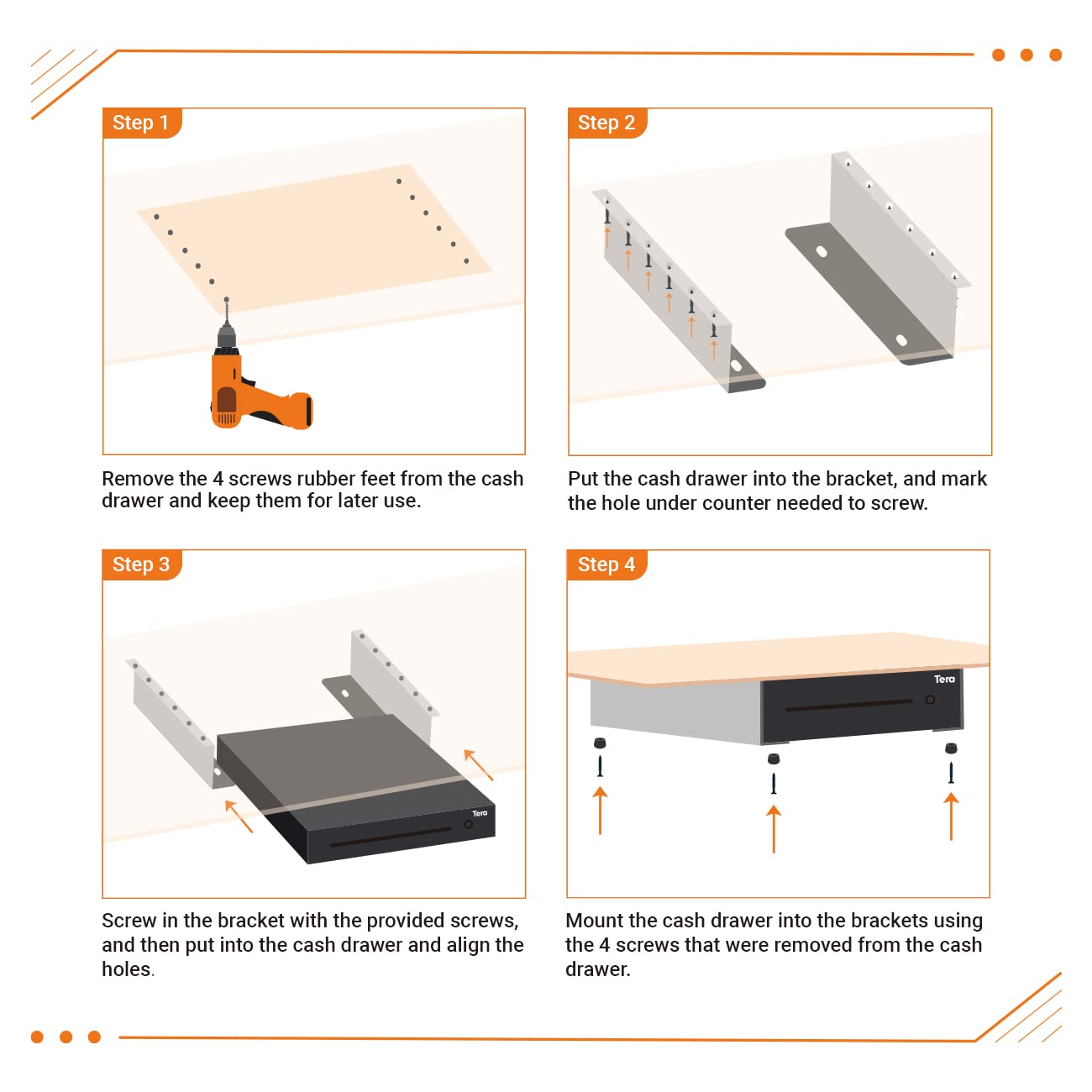 Tera Universal Under Counter Mounting Brackets for Cash Drawer 13 14 15 16 inch Easy Installation Heavy Duty Metal Steel Bracket with Screws for Small Business Under Desk Cabinet Fit Most Cash Drawers