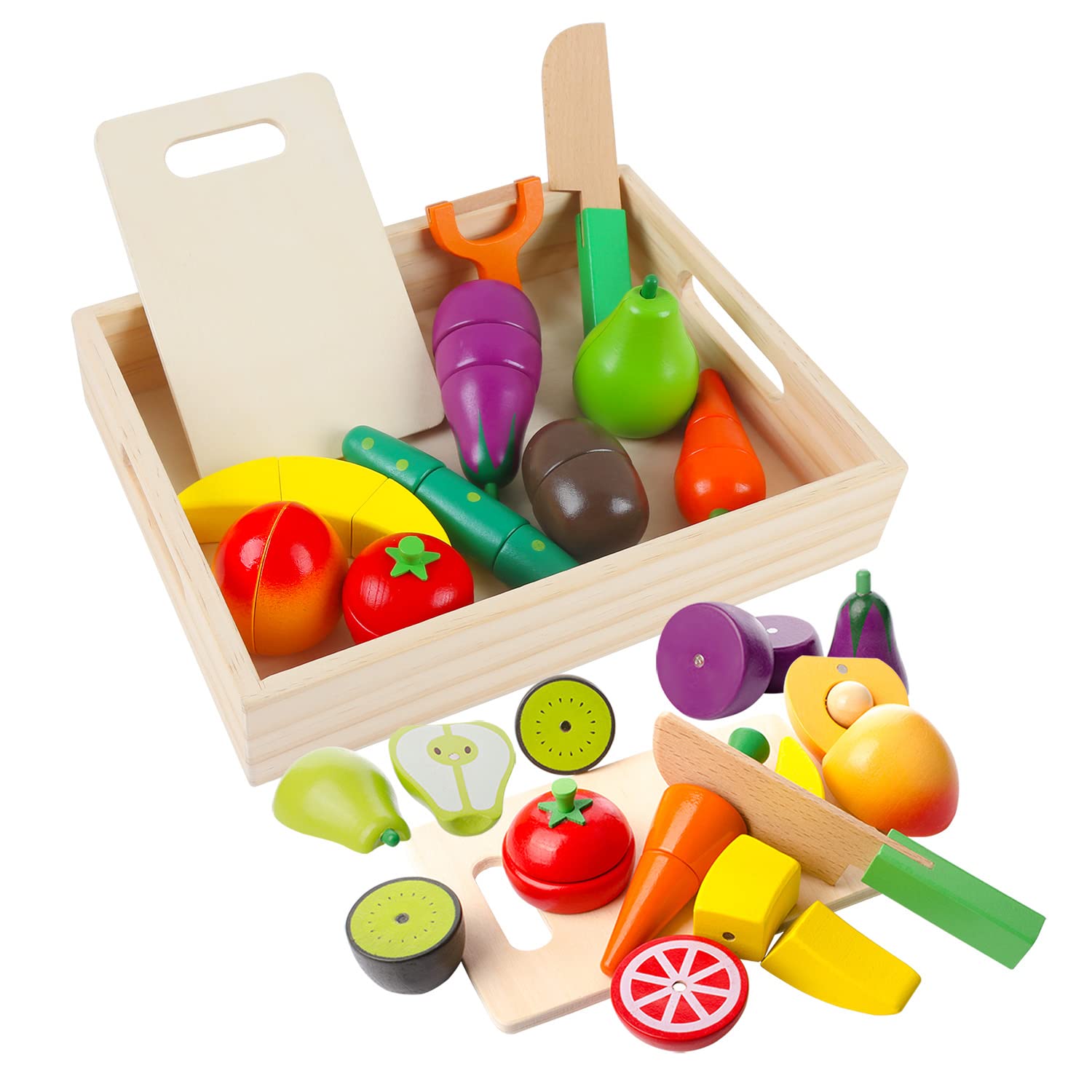 Wooden Play Food Toys, Fruit and Vegetables for Children, Wooden Food for Play Kitchen, Cooking Simulation Educational Magnetic Toys