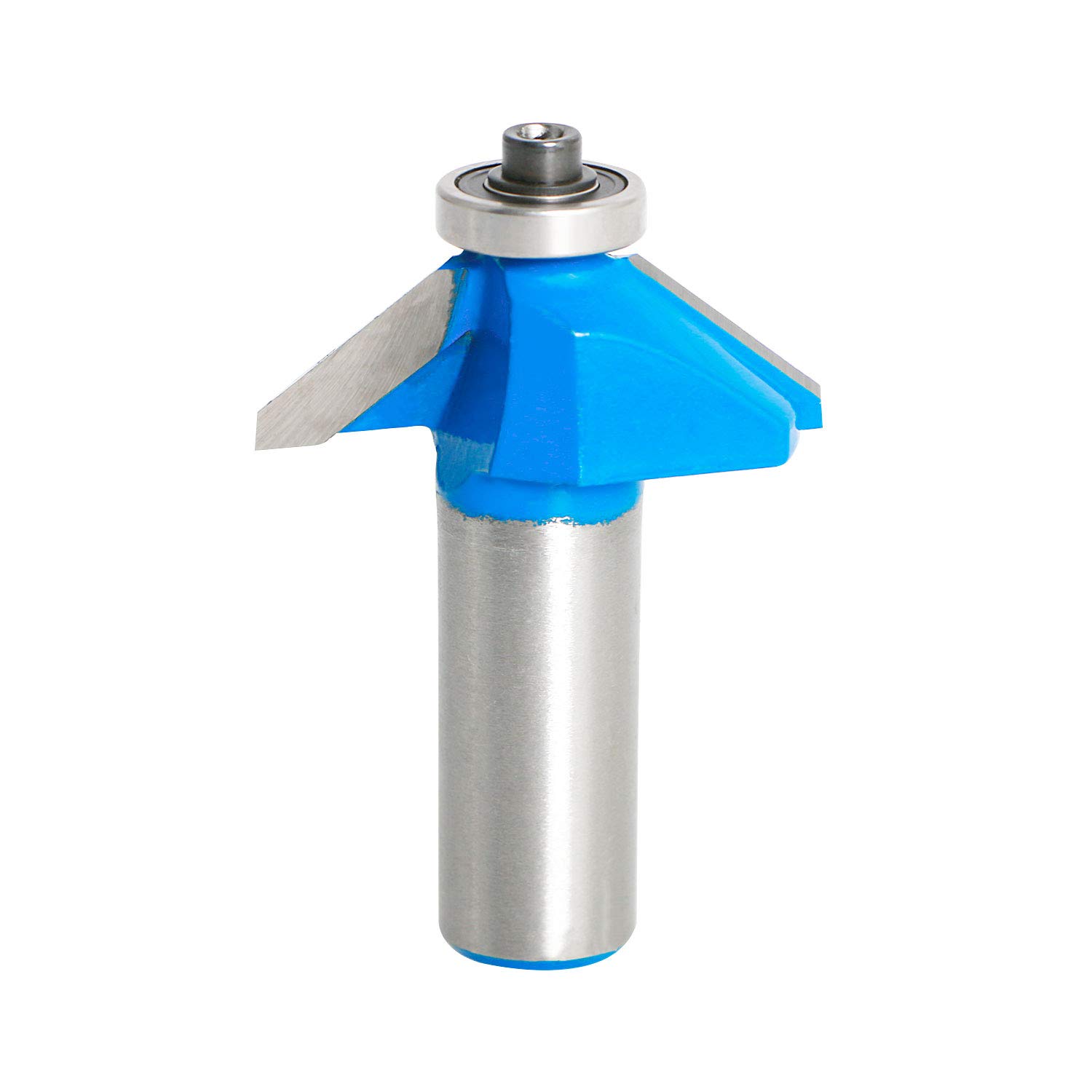 Aopin 45 Degree Chamfer Edge Forming Router Bit 1/2-Inch Shank, Top Bearing Bevel Edge Forming Router Bits Cutter Woodworking Tool, Blue, Silver, 1Pcs