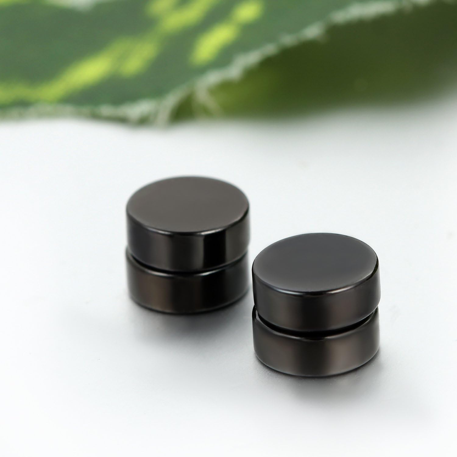 JewelryWe 2pcs Magnetic Black Circle Stud Earrings for Men Women Stainless Steel Non-piercing Clip on Cheater Fake Ear Gauges - 8mm - Image 3
