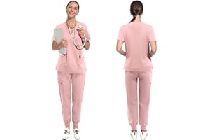 UnionMed Tech Scrubs for Women Set, Stretchy Slim Fit V-Neck Top & Jogger Scrub Pants with Multi Pocket Yoga Waistband