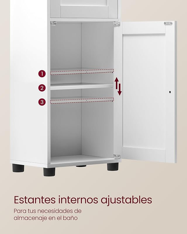 Mueble Baño, Armario Alto, Puerta de Cristal, Estrecho, con Patas