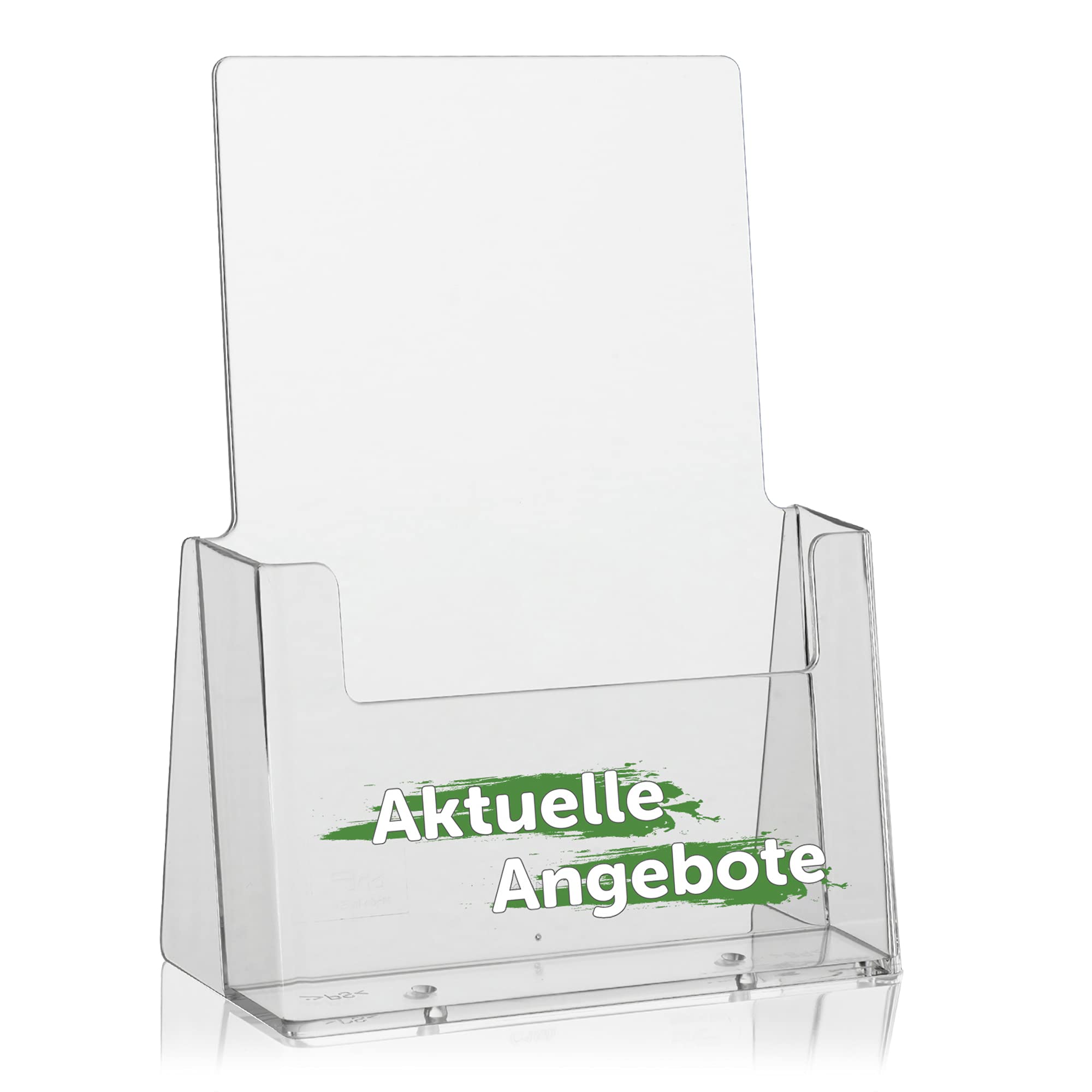 taymar DIN A5 Flyer Stand, Brochure Holder, Transparent Brochure Stand, Table Brochure Stand Incl. Printed German Text "Aktuelle Angebote", White/Green