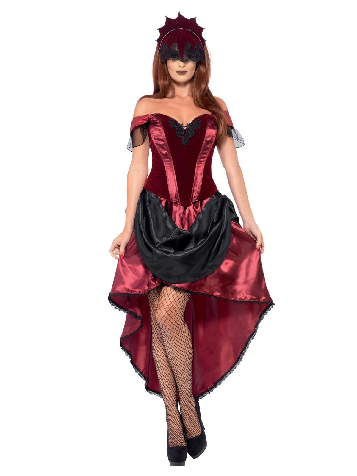 Smiffys Venetian Temptress Costume, Red with Top, Skirt & Headpiece, Halloween Carnival of The Damn Fancy Dress, Adult Dress Up Costumes
