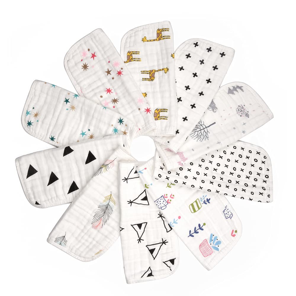 BabyBliss Premium 6-Layers Muslin Baby Washcloths (10-Pack) - Large Size Washable Newborn Towels - Reusable Infant Wipes Plus Storage and Wash Bags