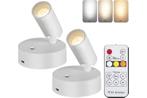 OTeedo 2 Pack Wireless Spotlights Indoor with Remote Up Lights Indoor Picture Light Battery Operated Spot Lights with 3 Color Dimmable Uplighting Indoor Stick on Wall Light for Plant Artwork White