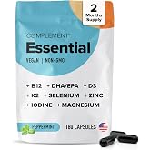 Complement Essential Vegan Multivitamin for Women &amp; Men (60 Servings) | Immune Support Supplement - Omega-3 DHA &amp; EPA, B12, Vitamin D3 &amp; K2, Zinc, Selenium, Magnesium, Iodine 180 Capsules