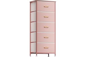 YILQQPER Dresser for Bedroom with 5 Drawers, Tall Storage Tower Dresser for Closet, Living Room, Nursery, Pink Dresser for Kids Girl with Sturdy Steel Frame, Fabric Bins, Leather Finish, Wood Top, Pink